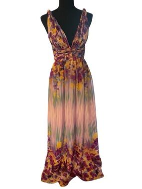 Aidan Mattox Pink, Purple & Yellow Floral V-Neck Maxi Dress size 2 flowy wedding